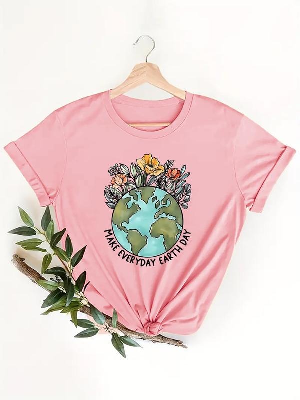 Women's Cartoon Earth & Floral Graphic Print Round Neck Tee, Fashion Casual Short Sleeve T-shirt, Ladies Summer Clothes...