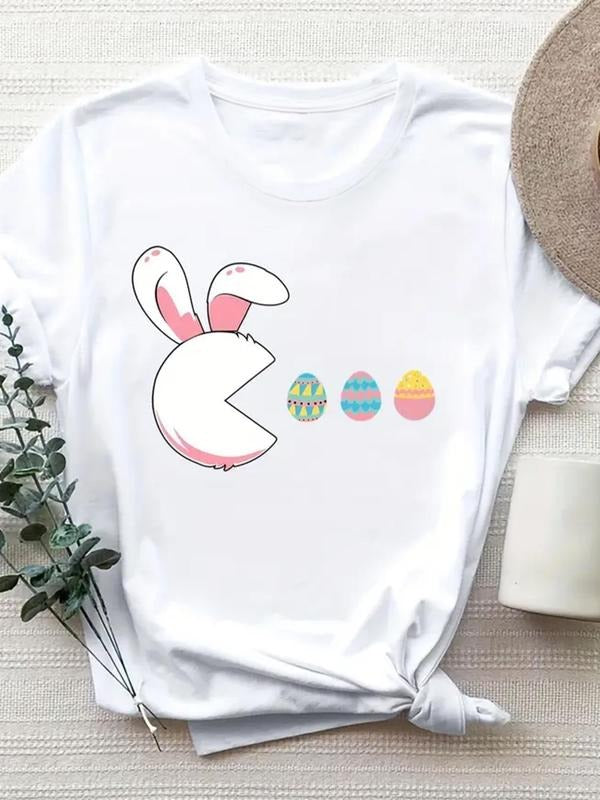 Women's Cartoon Egg & Rabbit Print Round Neck Tee, Cute Crew Neck Short Sleeve T-Shirt for Daily Holiday Vacation Outdoor...