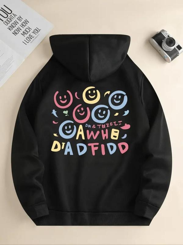 Women's Cartoon Face & Letter Print Drop Shoulder Hoodie, Fashion Casual Drawstring Pocket Hooded Sweatshirt for Daily...