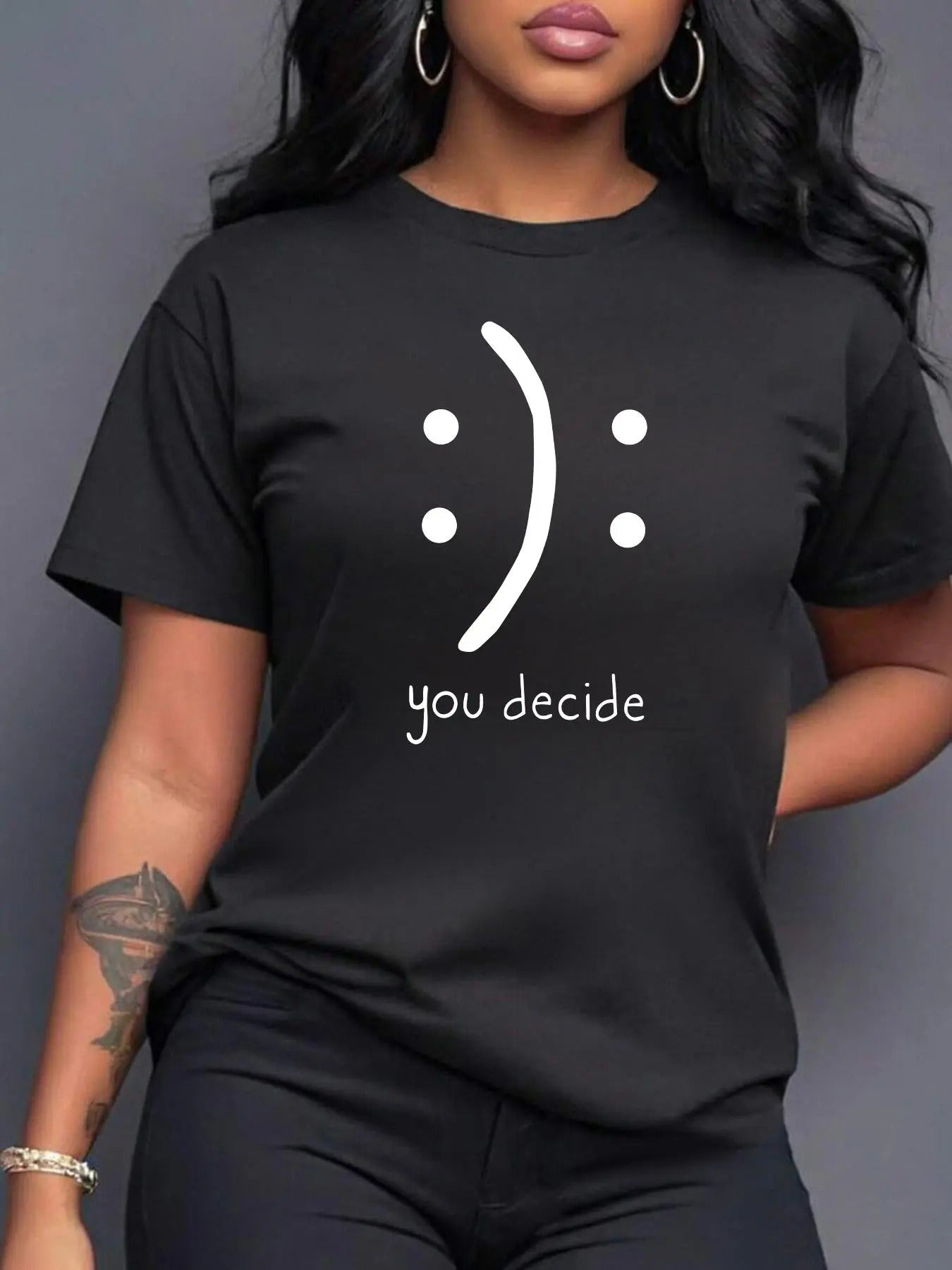 Women's Cartoon Face & Letter Print Drop Shoulder Tee, Casual Short Sleeve Round Neck T-Shirt for Summer, Women's Top for...