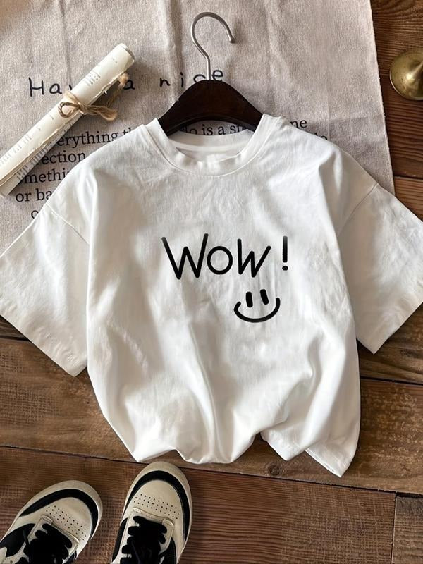 Women's Cartoon Face & Letter Print Round Neck Tee, Fashion Casual Drop Shoulder Short Sleeve Crop T-shirt for Daily...