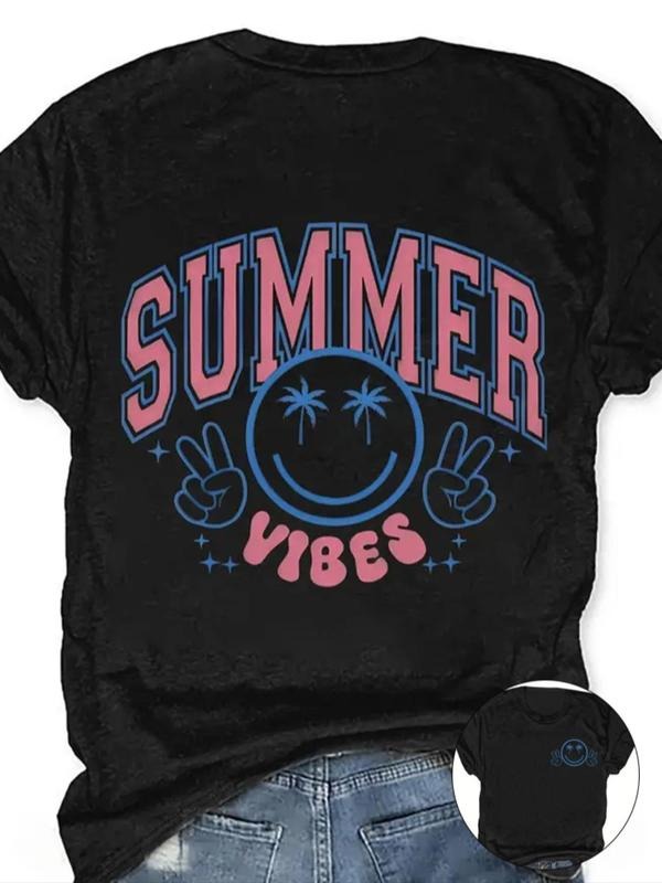 Women's Cartoon Face & Letter Print Round Neck Tee, Fashion Casual Short Sleeve T-shirt for Daily Wear, Ladies Summer...