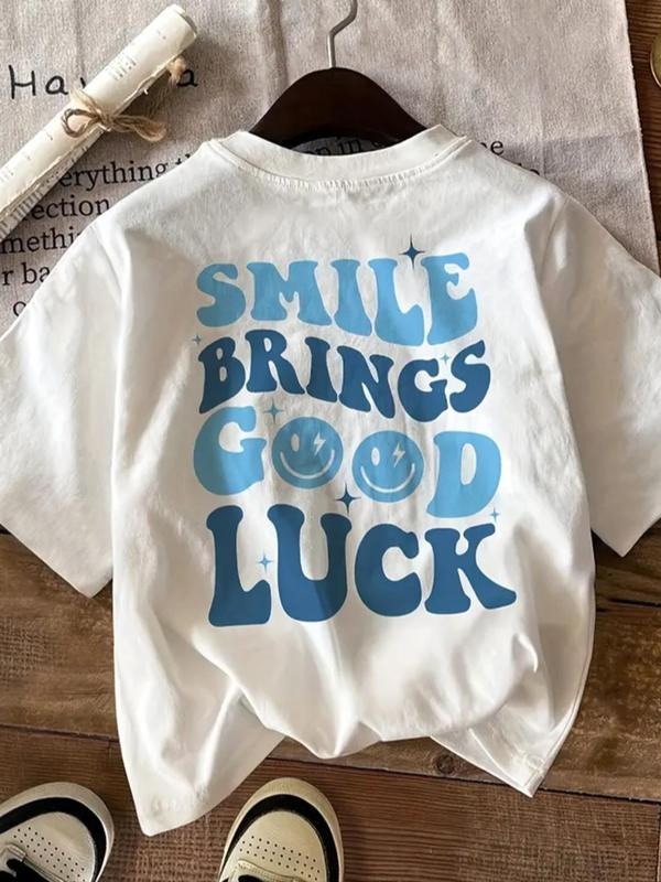 Women's Cartoon Face & Letter Print Round Neck Tee, Fashion Casual Short Sleeve T-shirt, Ladies Summer Clothes for Daily...