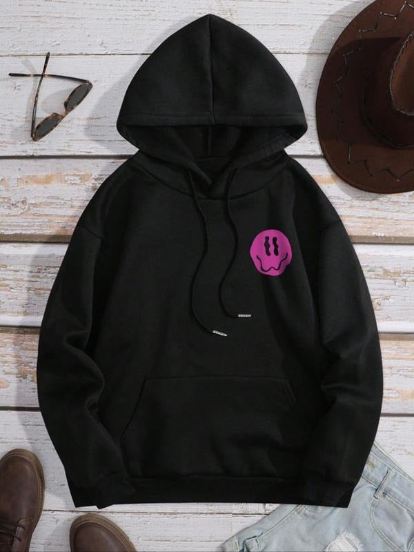 Women's Cartoon Face Print Drop Shoulder Hoodie, Fashion Casual Drawstring Pocket Hooded Sweatshirt for Daily Holiday...