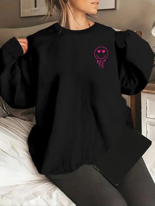 Women's Cartoon Face Print Drop Shoulder Sweatshirt, Casual Long Sleeve Round Neck Pullover for Fall & Winter, Women's...
