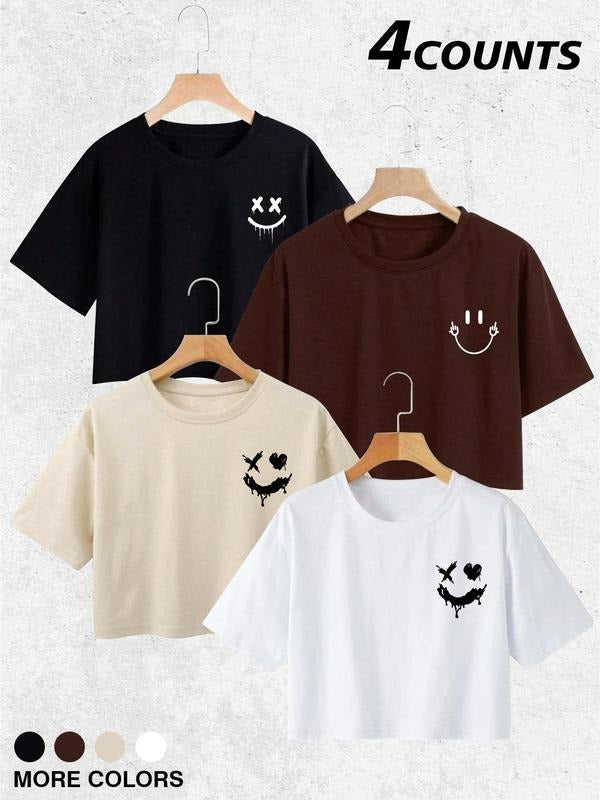 Women's Cartoon Face Print Round Neck Crop Tee, Casual Short Sleeve Crew Neck T-shirt for Daily Wear, Ladies Clothes for...