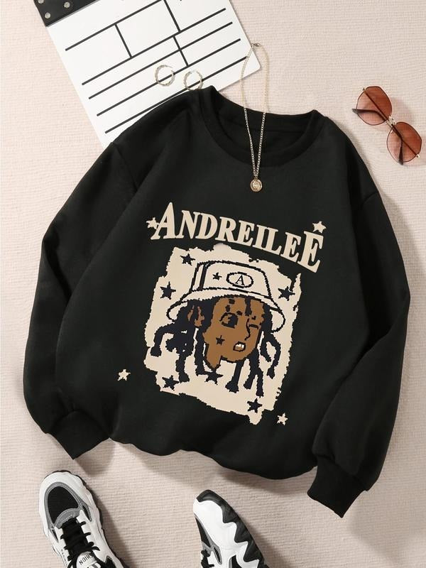 Women's Cartoon Figure & Letter Print Crew Neck Sweatshirt, Casual Thermal Lined Long Sleeve Pullover, Women's Fall &...