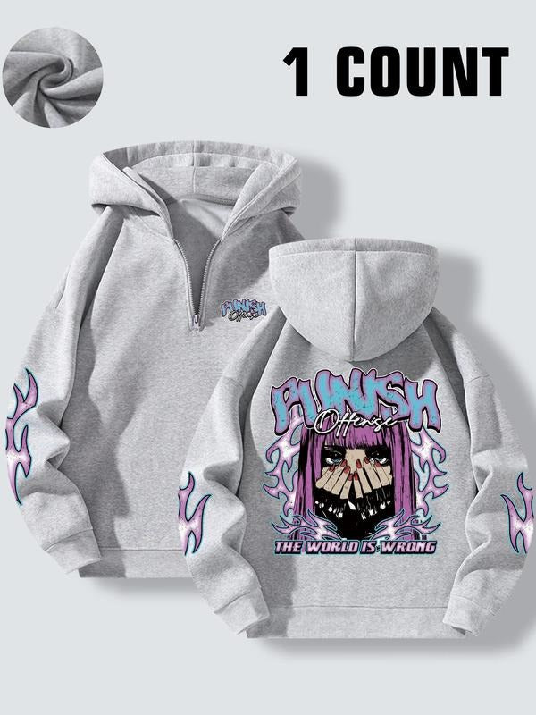 Women's Cartoon Figure & Letter Print Half Zip Hoodie, Fashion Casual Drop Shoulder Long Sleeve Hooded Sweatshirt for...