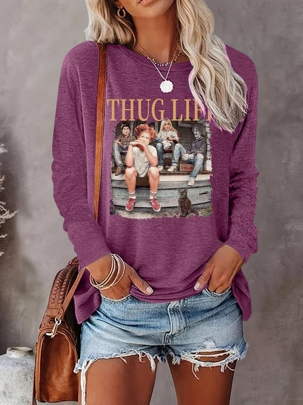 Women's Cartoon Figure & Letter Print Round Neck Tee, Fashion Casual Crew Neck Long Sleeve T-shirt for Daily Holiday...