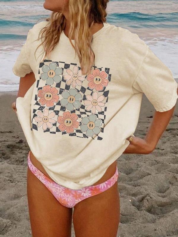 Women's Cartoon Floral Print Drop Shoulder Tee, Casual Half Sleeve Round Neck T-Shirt for Summer, Fashion Women's Top for...