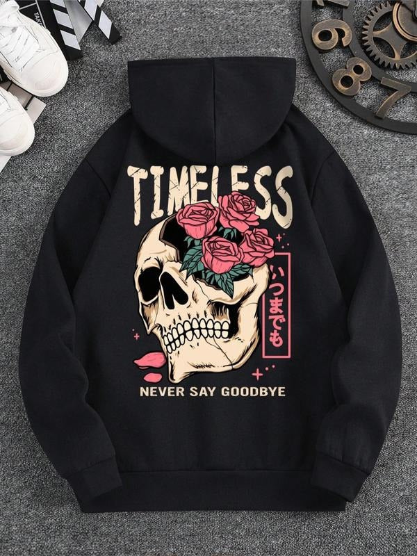 Women's Cartoon Floral Skull Print Drawstring Pocket Hoodie, Casual Drop Shoulder Long Sleeve Hooded Sweatshirt, Lady...