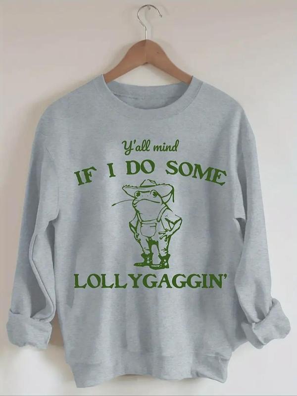 Women's Cartoon Frog & Letter Print Crew Neck Sweatshirt, Casual Long Sleeve Pullover for Fall & Winter, Women's Clothes...