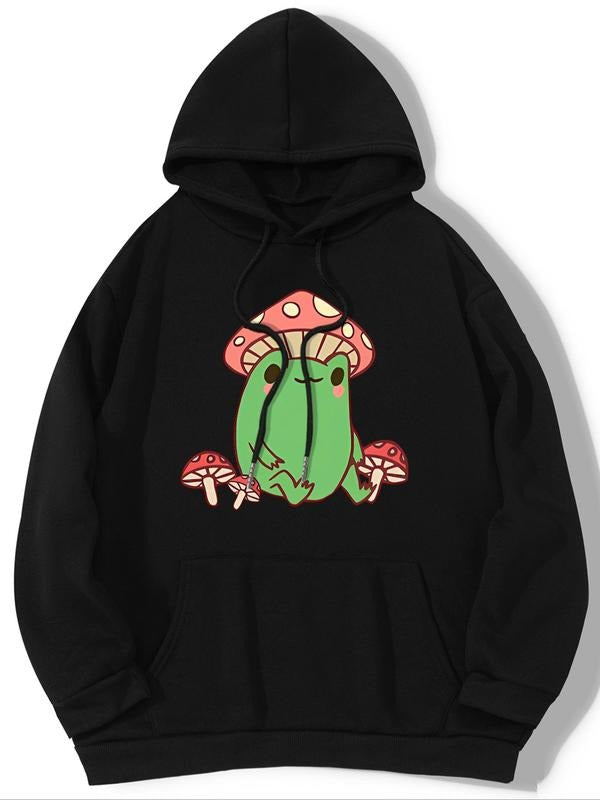 Women's Cartoon Frog & Mushroom Print Drawstring Drop Shoulder Long Sleeve Black Hoodie, Comfort Casual Pocket Hooded...
