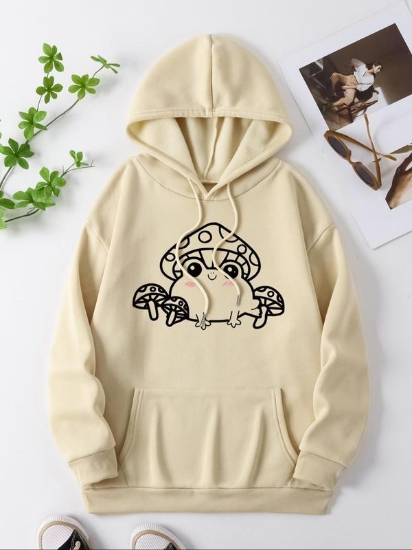 Women's Cartoon Frog & Mushroom Print Drawstring Kangaroo Pocket Hoodie, Casual Long Sleeve Hooded Sweatshirt for Fall &...