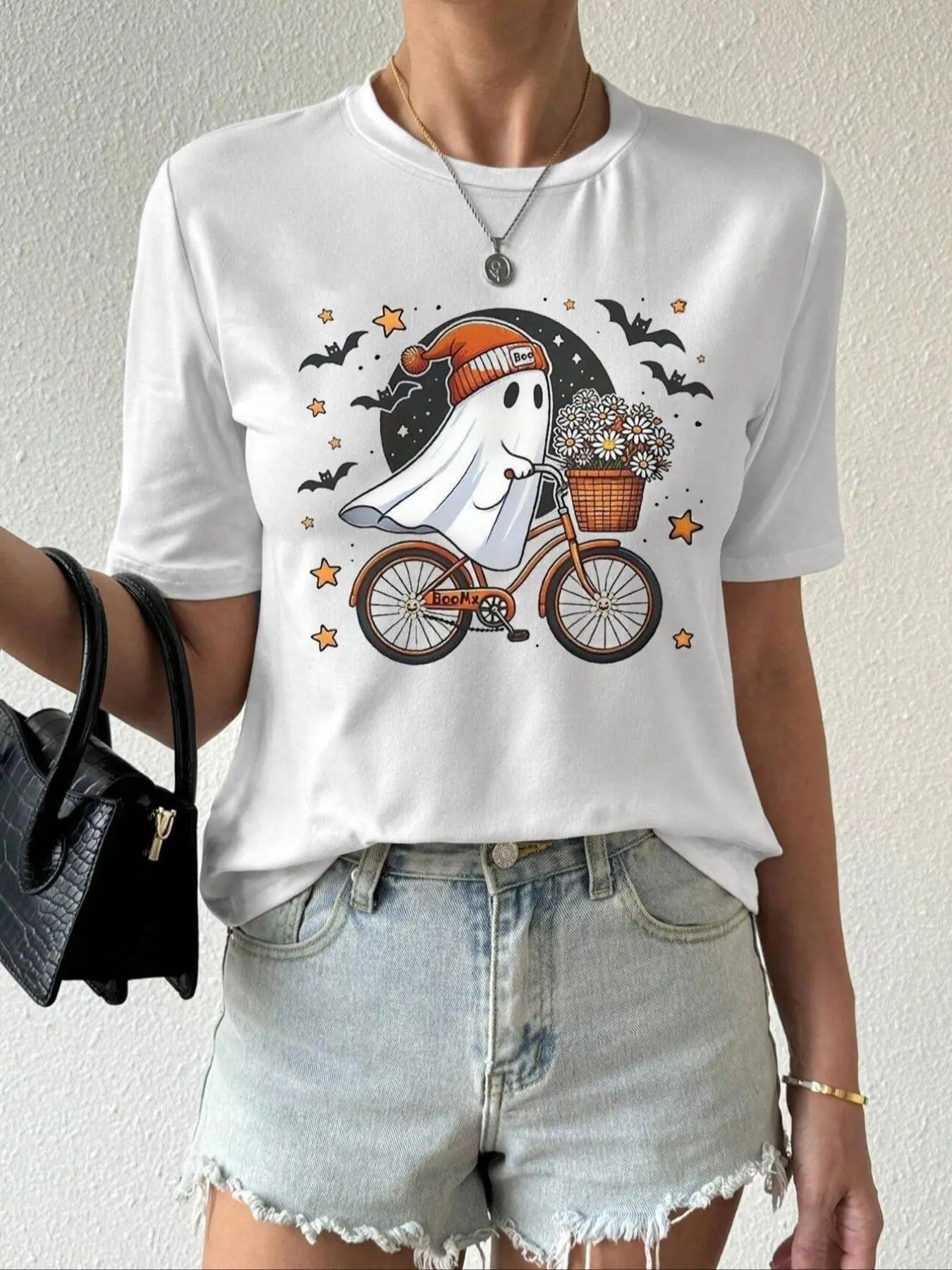 Women's Cartoon Ghost & Bicycle & Floral Print Round Neck Tee, Cute Casual Short Sleeve T-shirt for Summer, Women's Top...