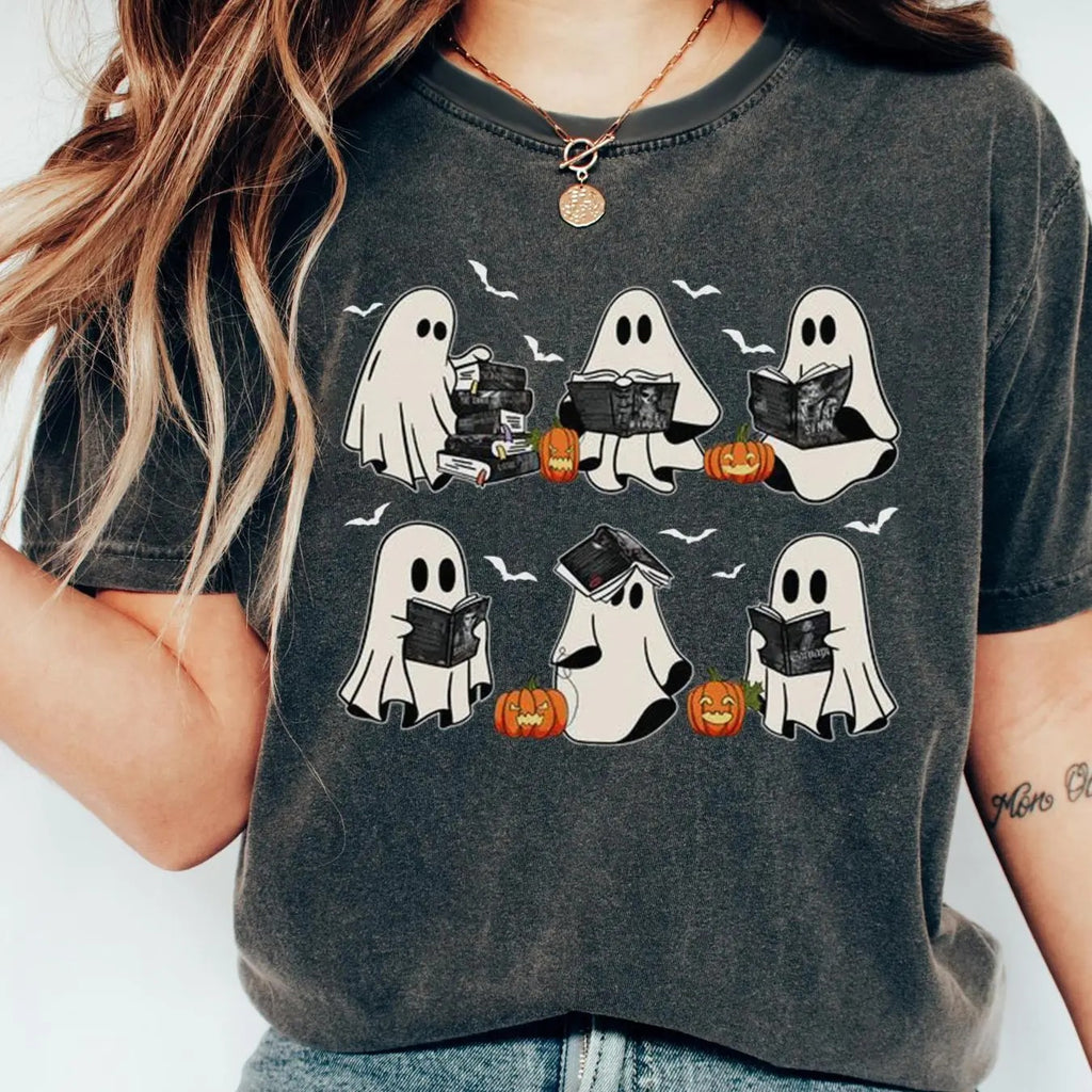 Women's Cartoon Ghost & Book Print Round Neck Tee, Fashion Casual Drop Shoulder Short Sleeve T-shirt for Halloween Daily...