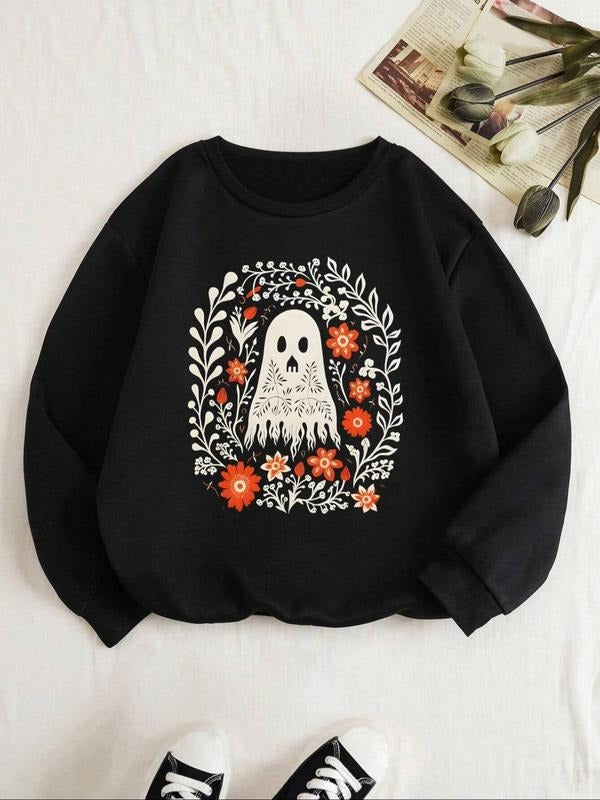 Women's Cartoon Ghost & Floral Print Drop Shoulder Sweatshirt, Casual Long Sleeve Round Neck Pullover for Fall & Winter,...