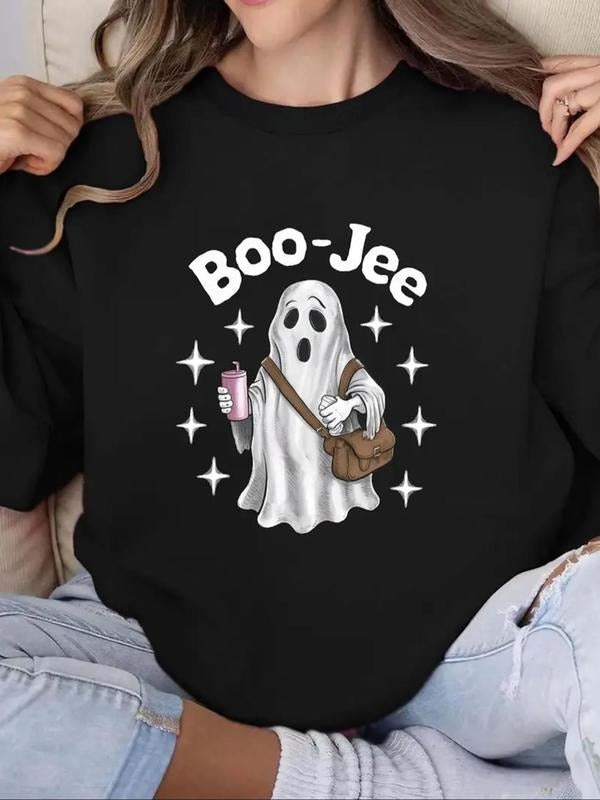 Women's Cartoon Ghost & Letter Print Crew Neck Sweatshirt, Casual Drop Shoulder Long Sleeve Pullover, Women's Fall &...