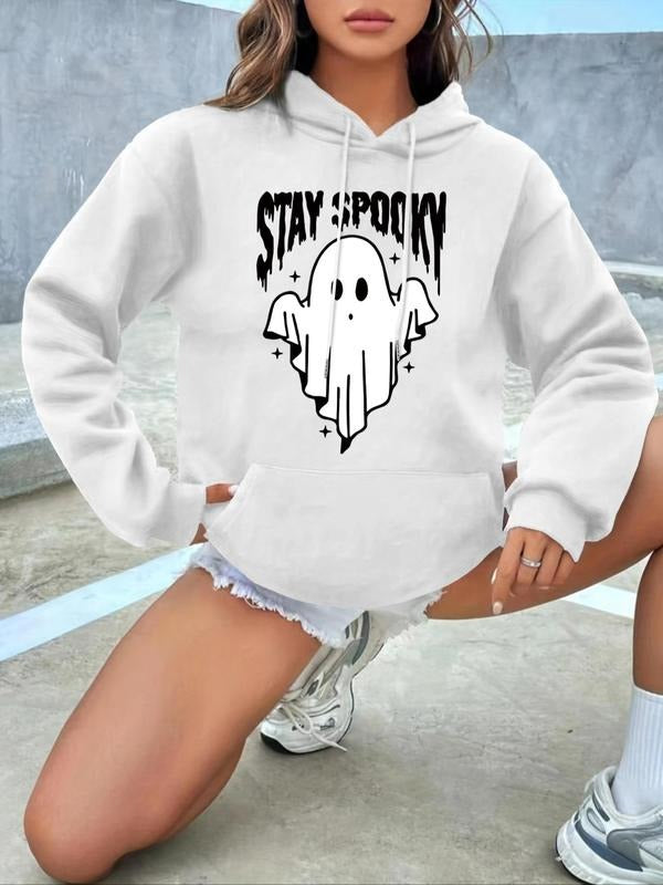Women's Cartoon Ghost & Letter Print Drop Shoulder Hoodie, Fashion Drawstring Kangaroo Pocket Hooded Sweatshirt for Daily...