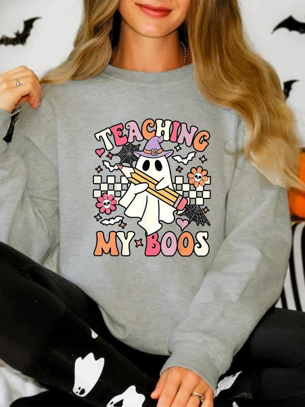 Women's Cartoon Ghost & Letter Print Drop Shoulder Sweatshirt, Casual Halloween Long Sleeve Round Neck Pullover for Daily...