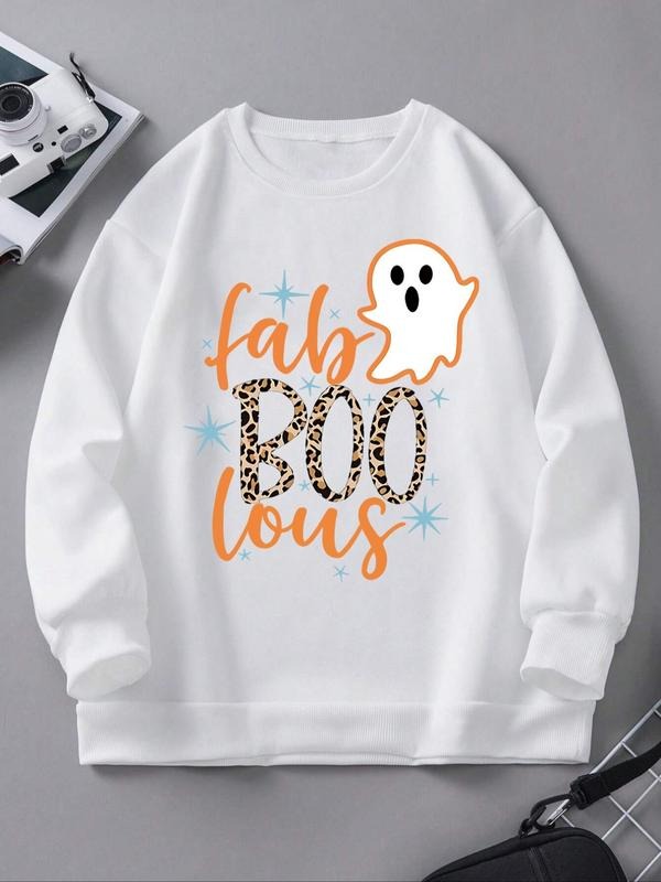 Women's Cartoon Ghost & Letter Print Drop Shoulder Sweatshirt, Casual Long Sleeve Round Neck Pullover for Daily Wear,...