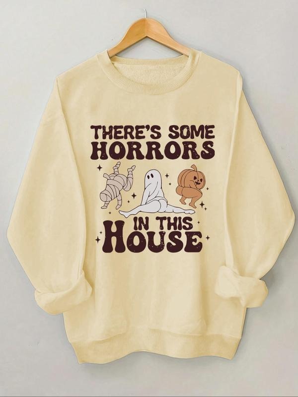 Women's Cartoon Ghost & Letter Print Drop Shoulder Sweatshirt, Casual Long Sleeve Round Neck Pullover for Fall & Winter,...