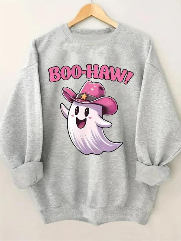 Women's Cartoon Ghost & Letter Print Round Neck Sweatshirt, Casual Long Sleeve Pullover for Fall & Winter, Women's...