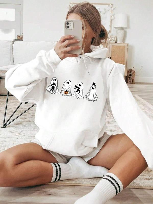 Women's Cartoon Ghost & Pumpkin Print Drop Shoulder Hoodie, Fashion Casual Drawstring Pocket Hooded Sweatshirt for...