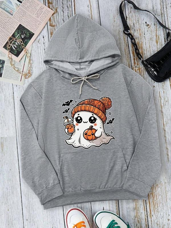 Women's Cartoon Ghost Print Drawstring Pocket Hoodie, Casual Drop Shoulder Long Sleeve Hooded Sweatshirt, Lady Fall &...