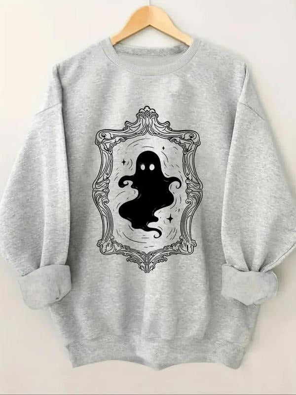 Women's Cartoon Ghost Print Drop Shoulder Sweatshirt, Casual Long Sleeve Round Neck Pullover for Fall & Winter, Ladies...
