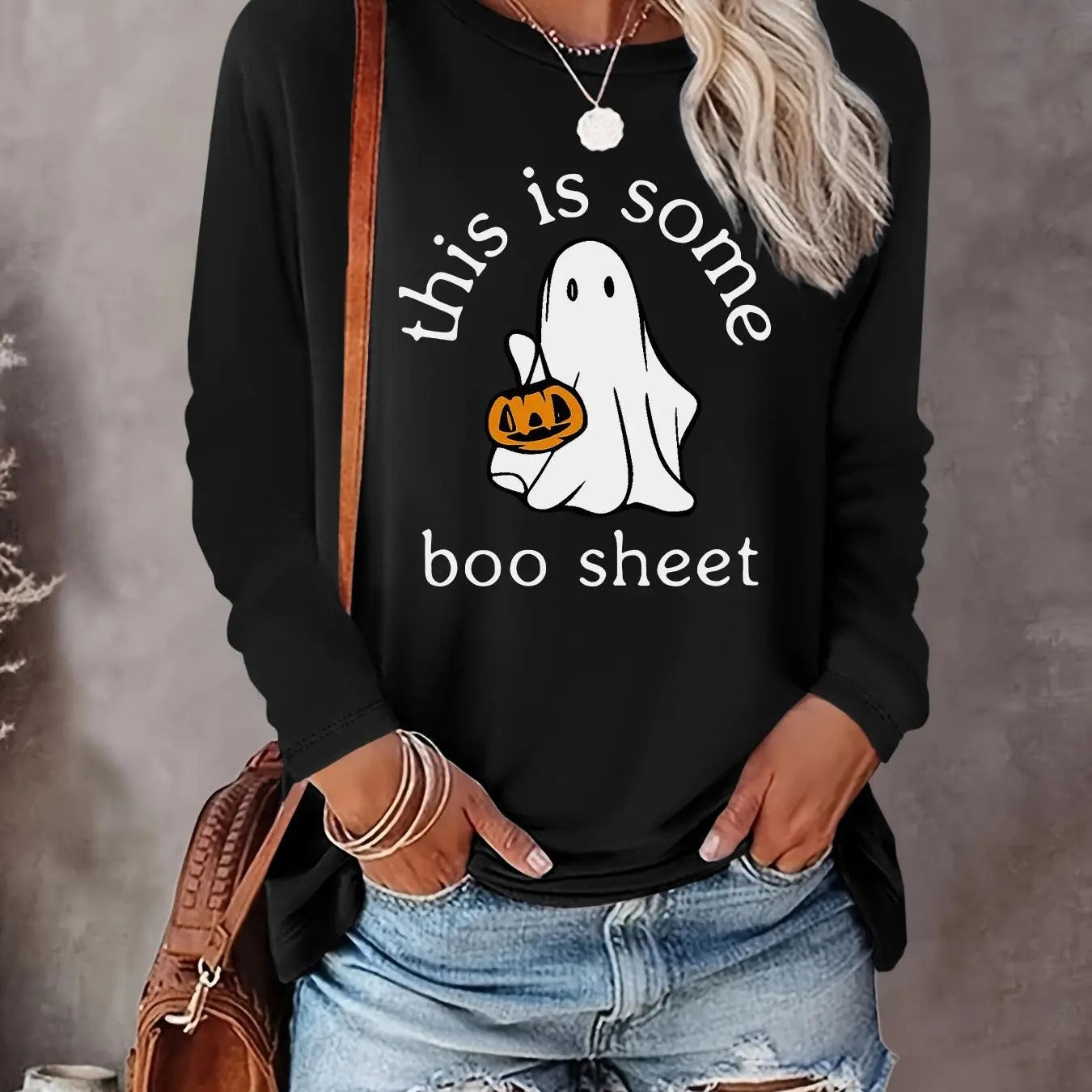 Women's Cartoon Ghost Print Round Neck T-shirt, Fashion Casual Long Sleeve Tee, Women's Top for Daily Wear Hoodie, Sweatshirt