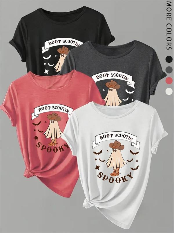 Women's Cartoon Ghost Print Round Neck Tee, Casual Short Sleeve Crew Neck T-Shirt for Summer, Fashion Women's Top for...