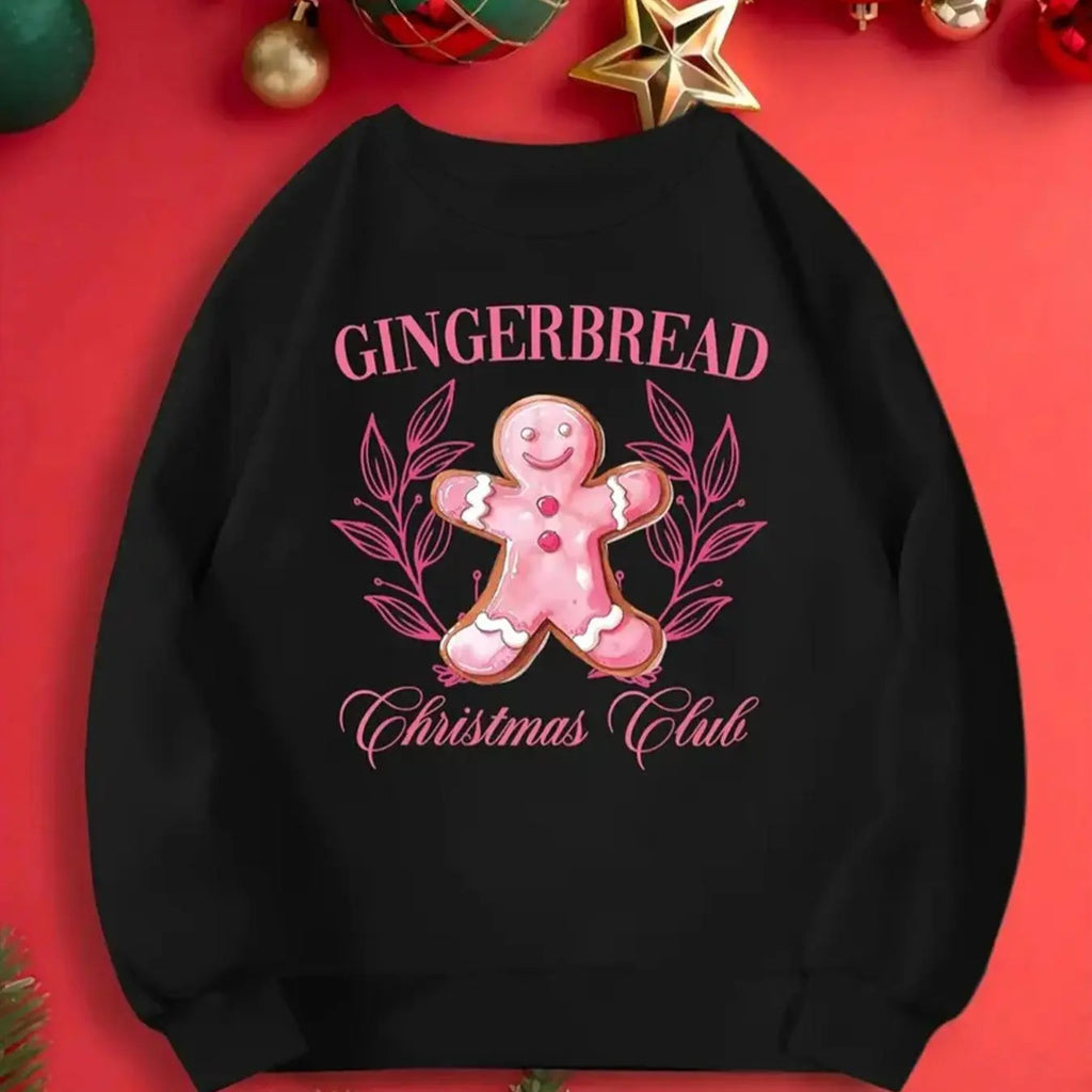 Women's Cartoon Gingerbread Man & Letter & Leaf Print Round Neck Sweatshirt, Casual Long Sleeve Crew Neck Pullover for...