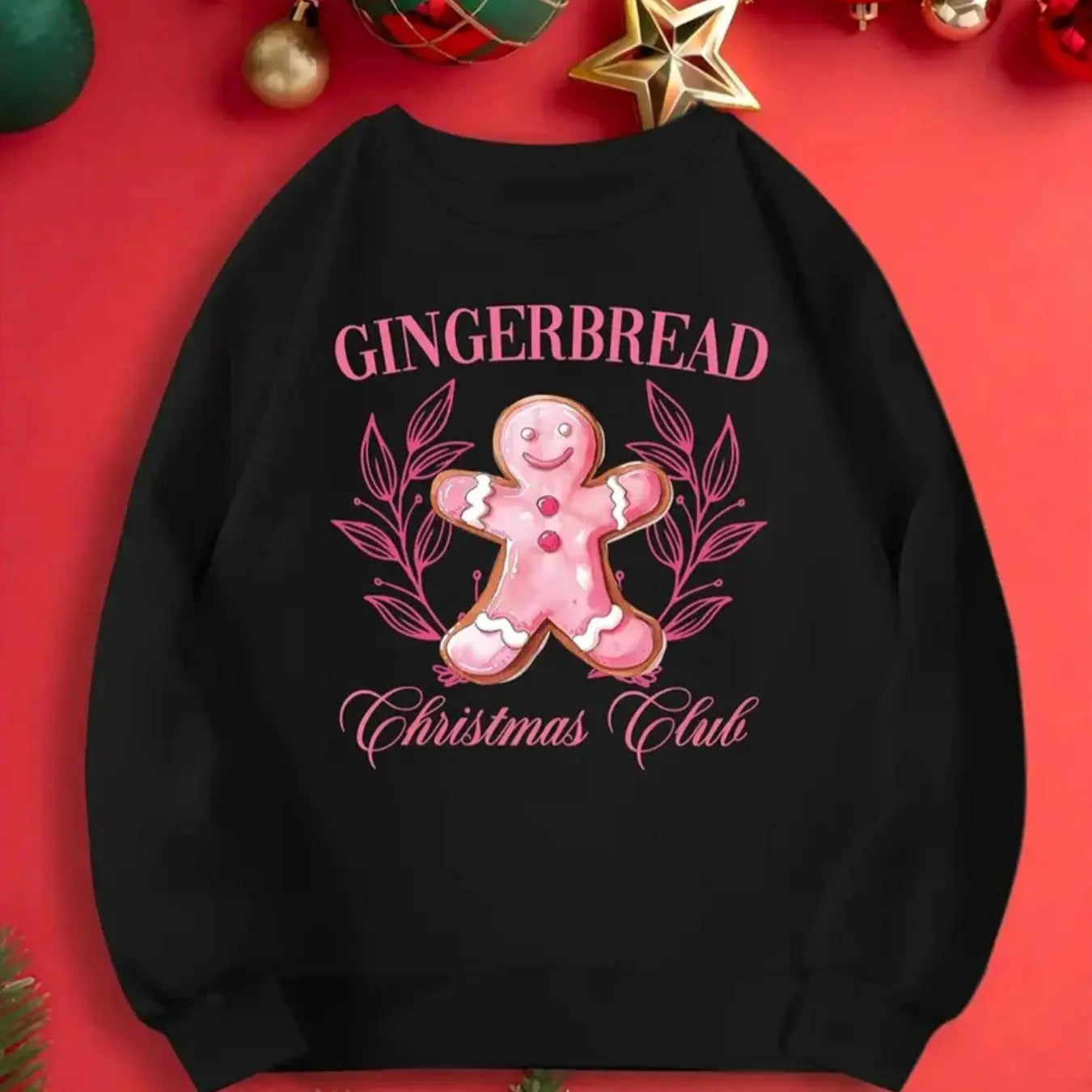 Women's Cartoon Gingerbread Man & Letter & Leaf Print Round Neck Sweatshirt, Casual Long Sleeve Crew Neck Pullover for...