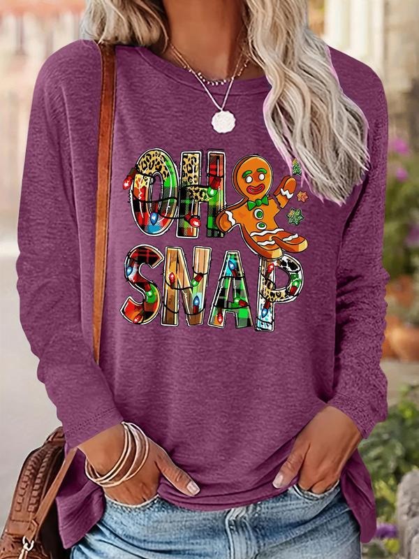 Women's Cartoon Gingerbread Man & Letter Print Drop Shoulder T-shirt, Casual Long Sleeve Round Neck Pullover for Fall &...