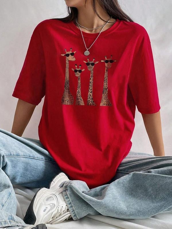 Women's Cartoon Giraffe Print Drop Shoulder Tee, Casual Round Neck Half Sleeve T-shirt, Ladies Summer Outfit Hoodie,...