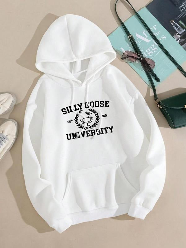 Women's Cartoon Goose & Letter Print Drop Shoulder Hoodie, Fashion Casual Drawstring Pocket Hooded Sweatshirt for Daily...