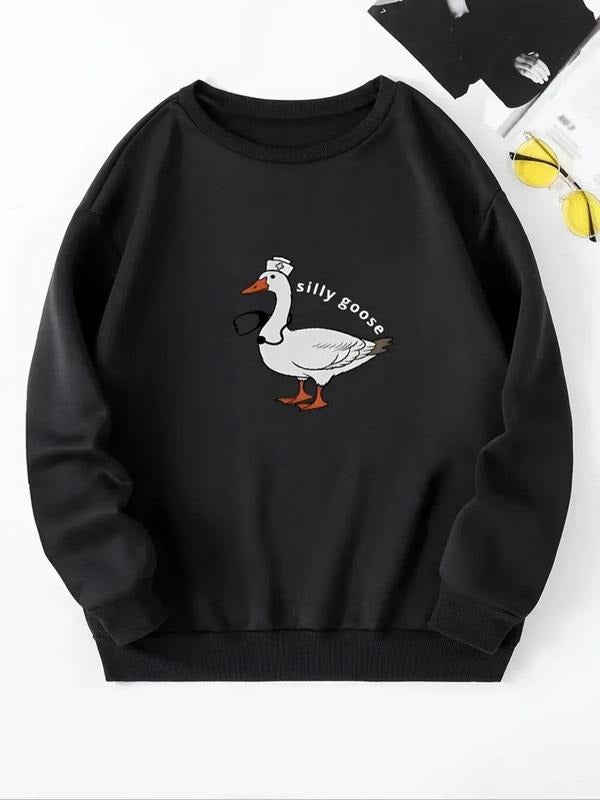 Women's Cartoon Goose & Letter Print Drop Shoulder Sweatshirt, Casual Long Sleeve Round Neck Pullover for Fall & Winter,...