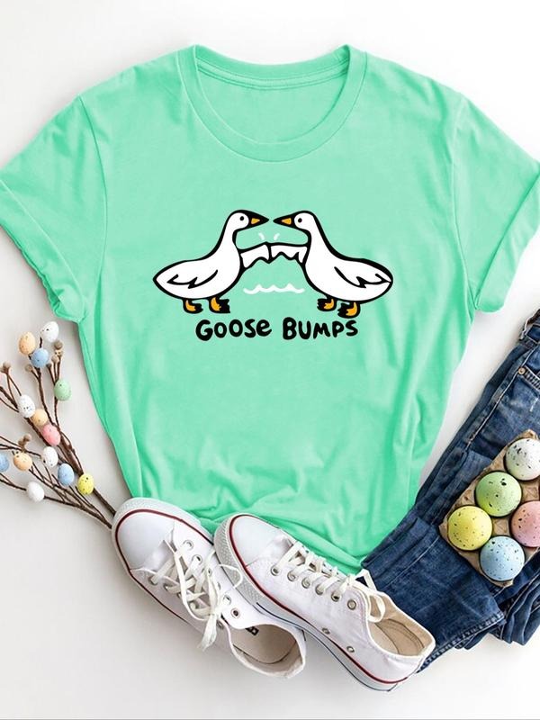 Women's Cartoon Goose & Letter Print Round Neck Tee, Cute Fashion Casual Crew Neck T-Shirt for Daily Holiday Vacation...