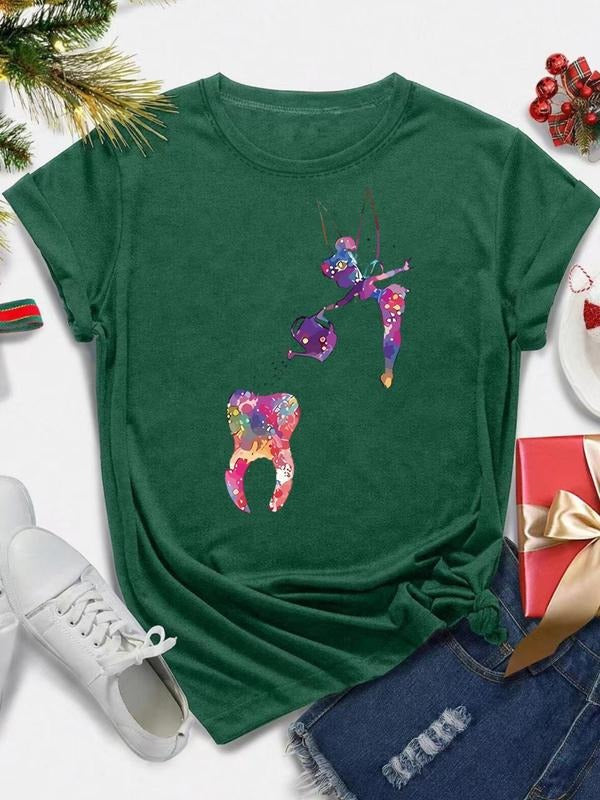 Women's Cartoon Graphic Print Round Neck Tee, Fashion Casual Short Sleeve T-shirt, Ladies Summer Clothes for Daily Wear...