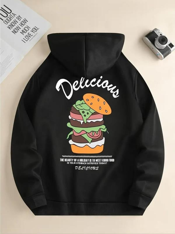 Women's Cartoon Hamburger Print Drawstring Pocket Hoodie, Casual Drop Shoulder Long Sleeve Hooded Sweatshirt, Lady Fall &...