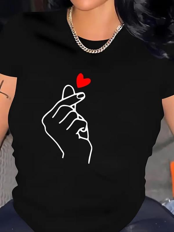 Women's Cartoon Heart Graphic Print Round Neck Tee, Fashion Casual Short Sleeve T-shirt for Daily Wear, Ladies Summer...
