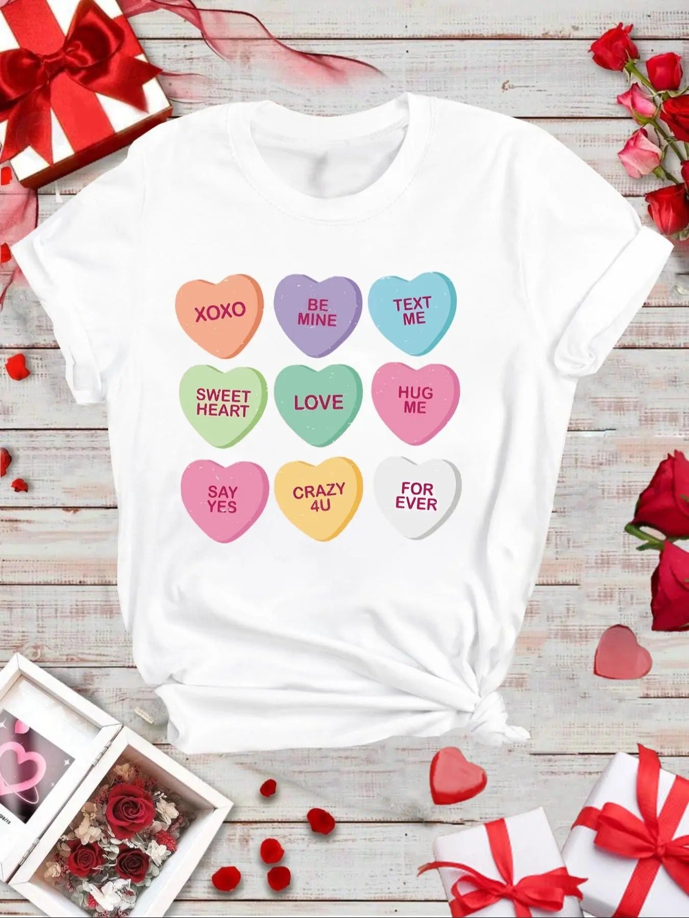 Women's Cartoon Heart Letter Print Round Neck Tee, Fashion Casual Crew Neck Short Sleeve T-shirt for Daily Holiday...