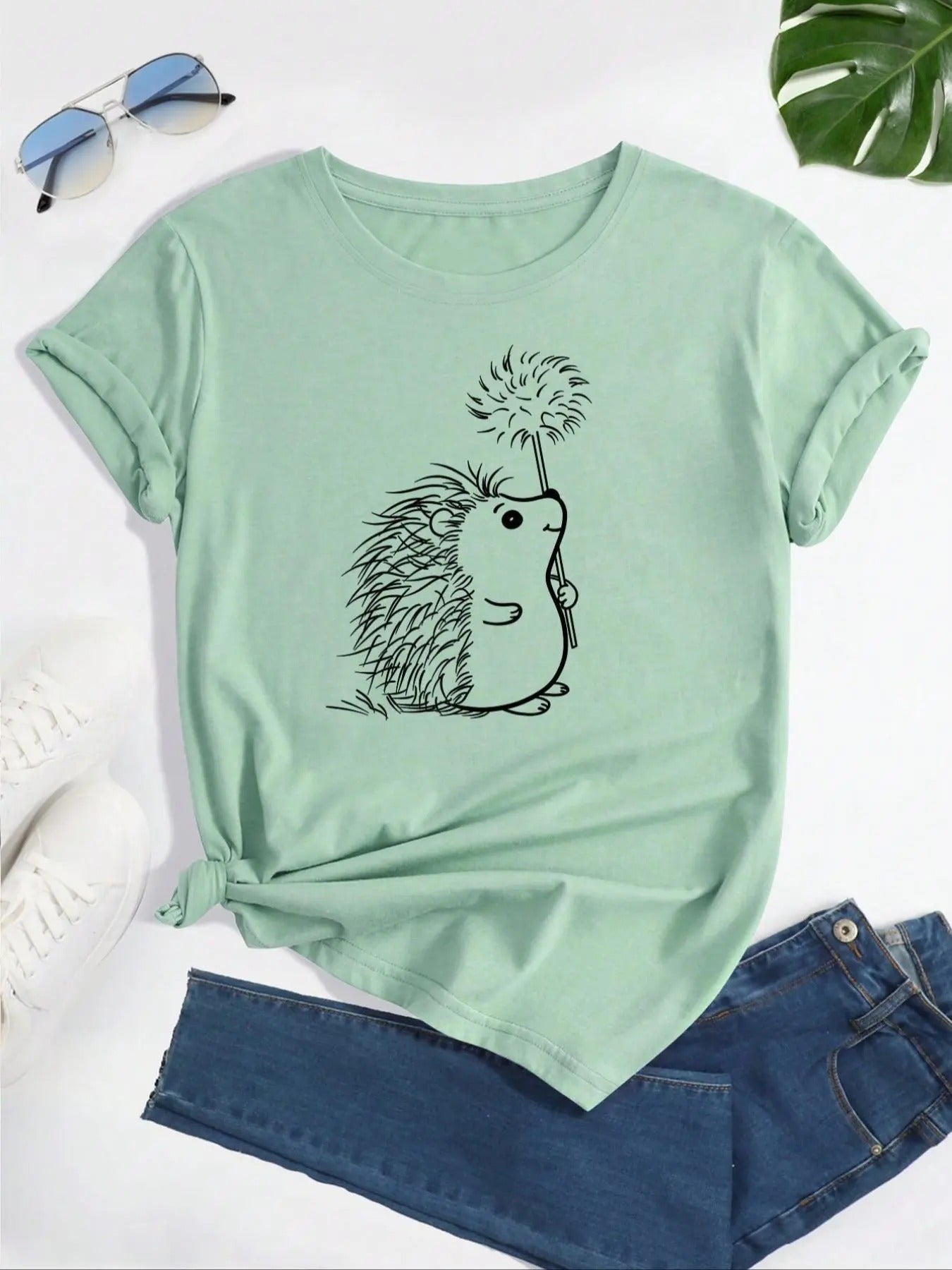 Women's Cartoon Hedgehog Print Round Neck Tee, Cute Short Sleeve Crew Neck T-Shirt for Daily Wear, Casual Top for All...