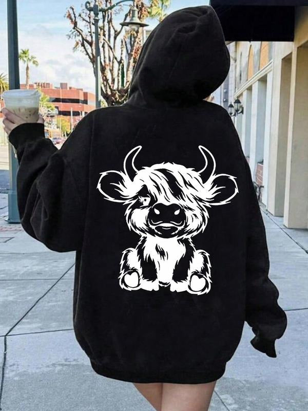 Women's Cartoon Highland Cow Print Drop Shoulder Hoodie, Fashion Casual Drawstring Pocket Hooded Sweatshirt for Daily...