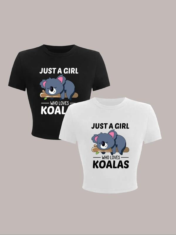 Women's Cartoon Koala & Letter Print Round Neck  Tee, Casual Short Sleeve T-shirt for Summer, Fashion Women's Top for...