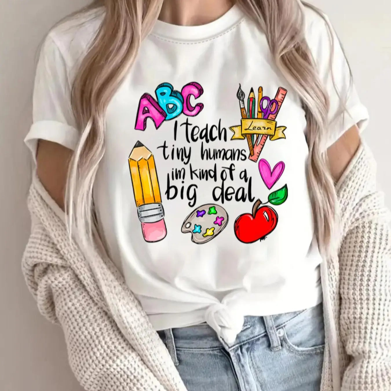 Women's Cartoon Letter & Crayon Print Round Neck Tee, Fashion Casual Drop Shoulder Short Sleeve T-shirt for Daily Wear,...
