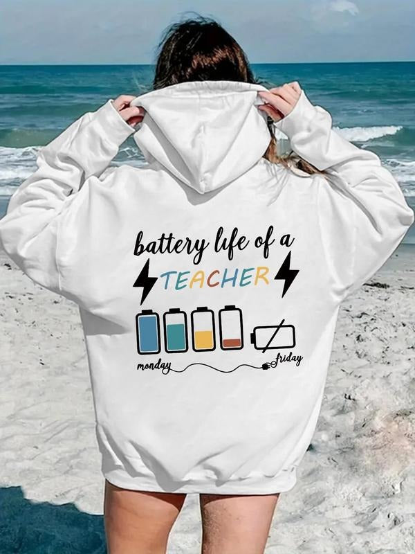 Women's Cartoon Letter Print Drop Shoulder Hoodie, Fashion Casual Drawstring Pocket Hooded Sweatshirt for Daily Holiday...