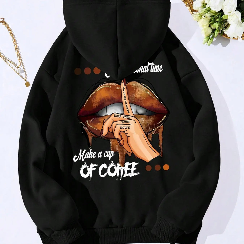 Women's Cartoon Lip & Gesture & Letter Print Drop Shoulder Hoodie, Fashion Casual Drawstring Pocket Hooded Sweatshirt for...