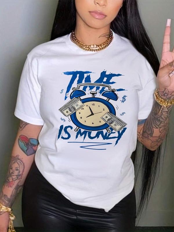 Women's Cartoon Money & Clock Print Round Neck Graphic Tee, Vintage Trendy Casual Short Sleeve T-shirt For Daily Wear,...